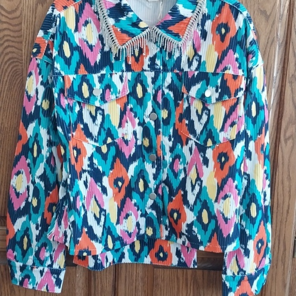 Savanna Jane NWT Size Small‎ Rhinestone Fringe Collar Jacket Shacket Multi Color - Picture 2 of 12
